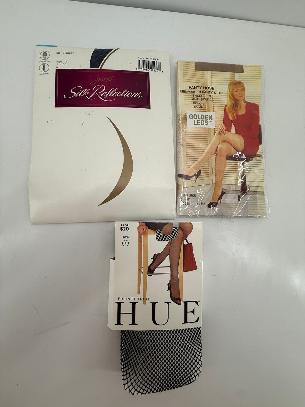 Lot Of 3 Vintage Pantyhose Hanes Silk Reflections Golden Legs Hue Fishnet New